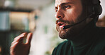 Man, mic and phone call with mouth at callcenter for communication, customer support and space. Headset, telecom and contact us with male consultant for chat with client, advice or help desk office
