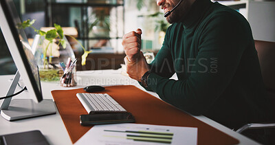 Buy stock photo Business man, hands and wrist pain in call center with arthritis, health problem and tired. Injury, telemarketing consultant and carpal tunnel syndrome, fatigue and strain with discomfort or stress