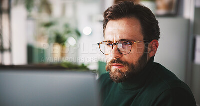 Buy stock photo Businessman, computer or reading in office with information, planning or corporate review with glasses. Male person, problem solving or research analysis with tech, email or feedback at workplace