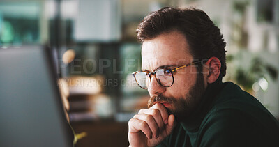 Buy stock photo Businessman, computer or reading in office with thinking, planning or corporate review with glasses. Male person, problem solving or research analysis by tech, email or feedback insight at workplace