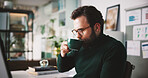 Business man, coffee or drink in office with morning start, break or relax for caffeine boost. Cup, espresso or warm beverage with male person for energy or thirst, rest or pause in work day for tea