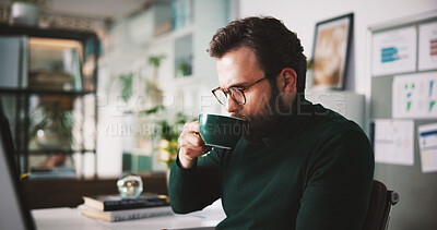Buy stock photo Business man, coffee or drink in office with morning start, break or relax for caffeine boost. Cup, espresso or warm beverage with male person for energy or thirst, rest or pause in work day for tea