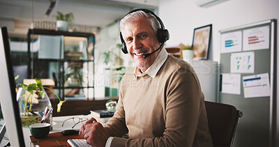 Buy stock photo Call center, portrait and mature man with headset, working late and communication for telemarketing. Night, representative and person with mic for lead generation, business and happy in Canada