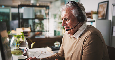 Buy stock photo Communication, headset and mature man in office with computer for customer service, advice and hotline. Client query, contact us or help desk agent with pc for complaint solution, faq or tech support