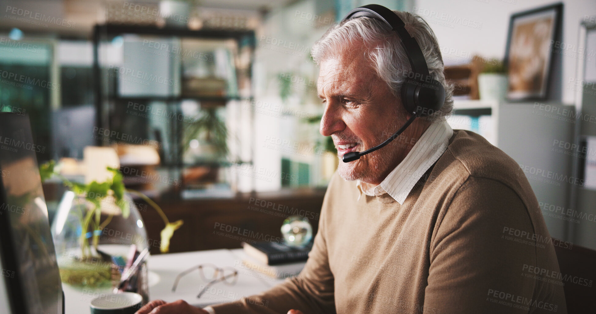 Buy stock photo Communication, headset and mature man in office with computer for customer service, advice and hotline. Client query, contact us or help desk agent with pc for complaint solution, faq or tech support