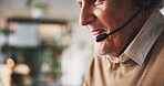 Call center, mouth and man with headset, talking or smile for telemarketing, sales or communication. Business, space and mature person with mic for consultation, friendly and explain offer to contact