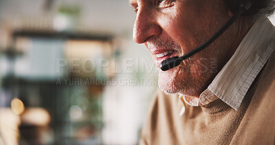 Buy stock photo Call center, mouth and man with headset, talking or smile for telemarketing, sales or communication. Business, space and mature person with mic for consultation, friendly and explain offer to contact