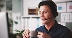 Discussion, coffee and man with headset in office for customer service, online advice or contact us. Client query, communication or help desk agent with pc for complaint solution, faq or tech support