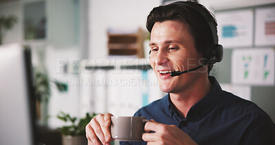 Buy stock photo Discussion, coffee and man with headset in office for customer service, online advice or contact us. Client query, communication or help desk agent with pc for complaint solution, faq or tech support