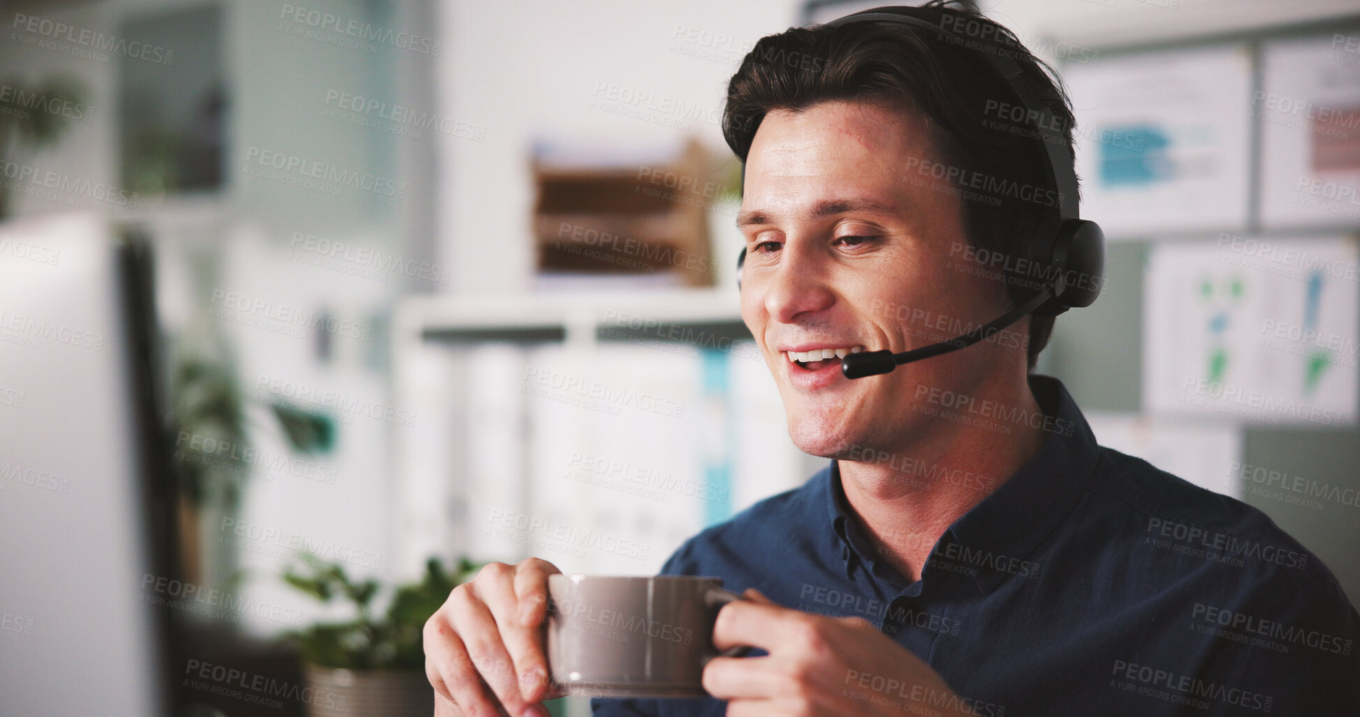 Buy stock photo Discussion, coffee and man with headset in office for customer service, online advice or contact us. Client query, communication or help desk agent with pc for complaint solution, faq or tech support