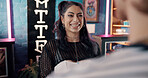 Happy woman, tattoo artist or store with customer for design, creative art or service. Excited, female person or tattooist with smile at front desk for booking, appointment or consultation in parlour