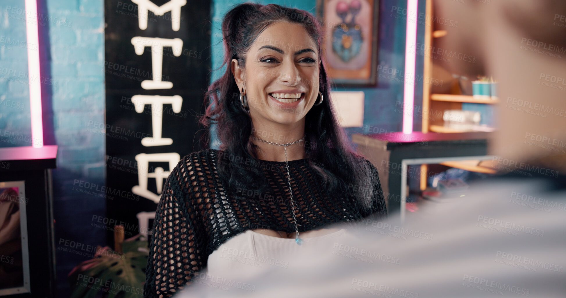 Buy stock photo Happy woman, tattoo artist or store with customer for design, creative art or service. Excited, female person or tattooist with smile at front desk for booking, appointment or consultation in parlour