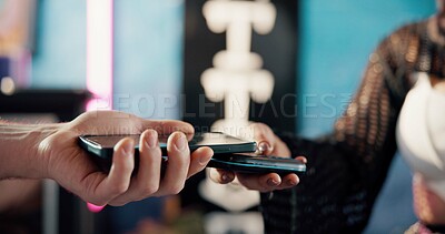 Buy stock photo Hands, smartphone and POS for payment at shop, tattoo parlor and easy banking for finance. Small business owner, customer or people with fintech, machine and phone for cardless transaction at studio
