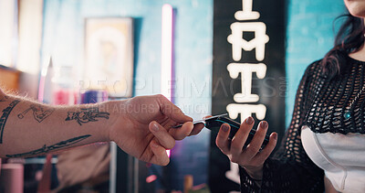 Buy stock photo Hands, people and credit card for payment at shop, tattoo parlor and banking with finance debit. Small business owner, customer or client paying with fintech, pos machine and transaction at studio