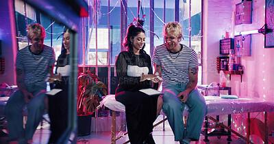 Buy stock photo Tablet, tattoo artist and stencil with client in studio for artwork design preview, aesthetic or body art culture. Permanent ink decision, customer and creative process with people for digital sketch