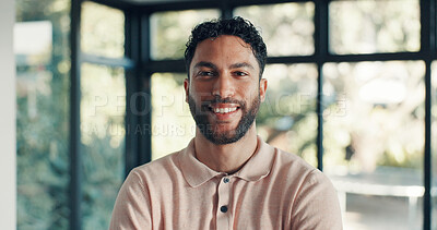 Buy stock photo Man, business and portrait in office with confidence, smile and professional at work. Happy, person and entrepreneur in company with corporate management, employee and executive for career success.