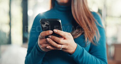 Buy stock photo Phone, hands and woman in home with networking, communication or chatting on mobile app. Technology, typing and female person with cellphone for email, texting and social media online in apartment.