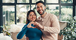 Heart hands, portrait and moving with couple in new home for property investment, love and partner. Hug, real estate growth and homeowner purchase with man and woman in house for relocation and rent