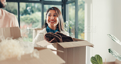 Buy stock photo Couple, boxes and woman with smile, home owner and achievement with property goals. Rental apartment, female person and partner in lounge, real estate and mortgage with investment and relocation