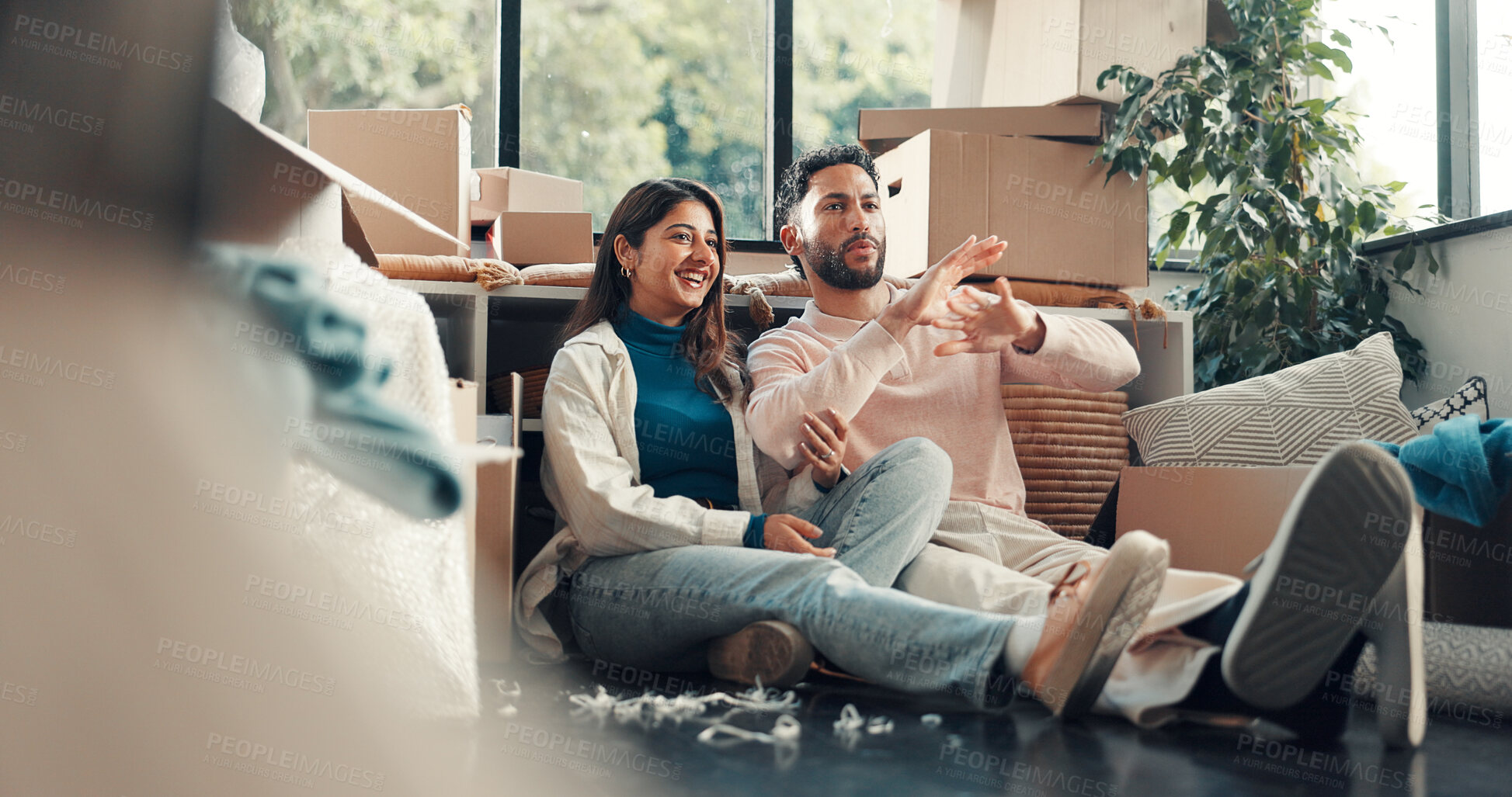 Buy stock photo Conversation, ideas and planning with couple in new home for property or real estate investment. Growth, moving house and vision with happy people in apartment for loan, mortgage or relocation