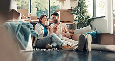 Buy stock photo Coffee, conversation and planning with couple in new home for property or real estate investment. Drink, moving house and vision with happy people in apartment for loan, mortgage or relocation