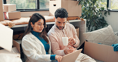 Buy stock photo Laptop, boxes and couple in new home for planning mortgage, property or investment deal. Computer, reading and man with woman for real estate research with information by cardboard in house together.