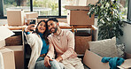Happy couple, selfie and new house with hug, boxes or memory on floor with web post for moving. Man, woman and embrace for photography, care and social media for real estate investment at property