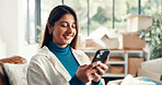 Moving, boxes and woman with smartphone, lounge and browsing home renovation ideas on web or online. Happy, person and search with tech for interior design, remodeling and inspiration on social media