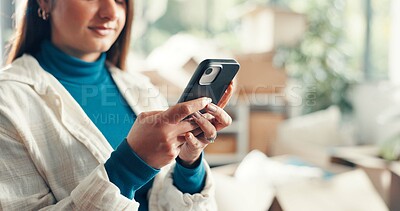 Buy stock photo Moving, online and woman with smartphone, lounge or browsing home renovation ideas on web and space. Scroll, search and person with tech for interior design, remodeling or inspiration on social media