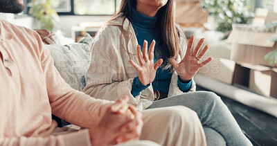 Buy stock photo Couple, hands and argument with moving, anxiety and drama in home or apartment. Living room, woman and man with dispute, angry and fight with relocation and stress or crisis with toxic partner