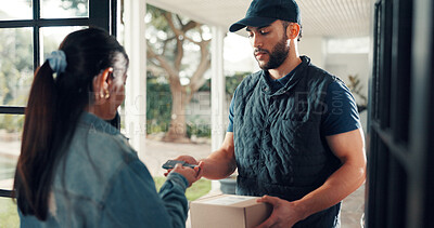 Buy stock photo Woman, courier and credit card at front door with payment, box and easy transaction at apartment. Person, delivery man and pos with fintech, service and cardboard package for ecommerce at house