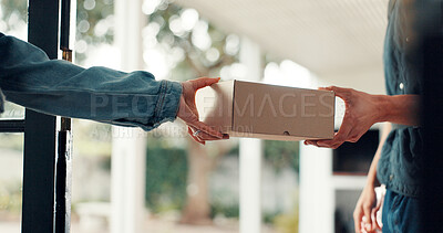 Buy stock photo Box, delivery and hands of people in home for direct to door courier service or shipping. Ecommerce, giving or package with customer and postal worker at entrance to apartment to complete order