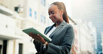 Buy stock photo Business woman, tablet and happy in city for property development, reading and idea. Technology, internet and black person online for urban infrastructure, realtor opportunity and outdoor for commute
