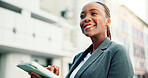 Business, tablet and black woman thinking in city for property, investment and idea. Technology, internet and real estate agent online for urban development, opportunity and outdoor for commute