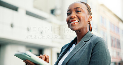 Buy stock photo Business, tablet and black woman thinking in city for property, investment and idea. Technology, internet and real estate agent online for urban development, opportunity and outdoor for commute