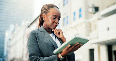 Buy stock photo Business, tablet and black woman in city for property development, thinking and idea. Technology, internet and real estate agent online for urban infrastructure, opportunity and outdoor for commute