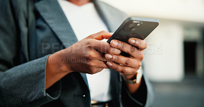 Business woman, hands or typing with phone in city for social media, communication or chat. Closeup, female person or employee texting with mobile smartphone for online research or news in urban town