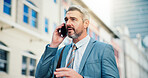 Businessman, call and property developer in city, landholding or sale negotiation outdoor. Mature person, urban development or real estate investment with communication and phone conversation