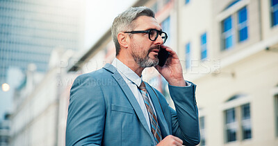 Buy stock photo Businessman, phone call and property developer in city, landholding or sale negotiation outdoor. Mature person, urban development or real estate investment with communication and mobile conversation