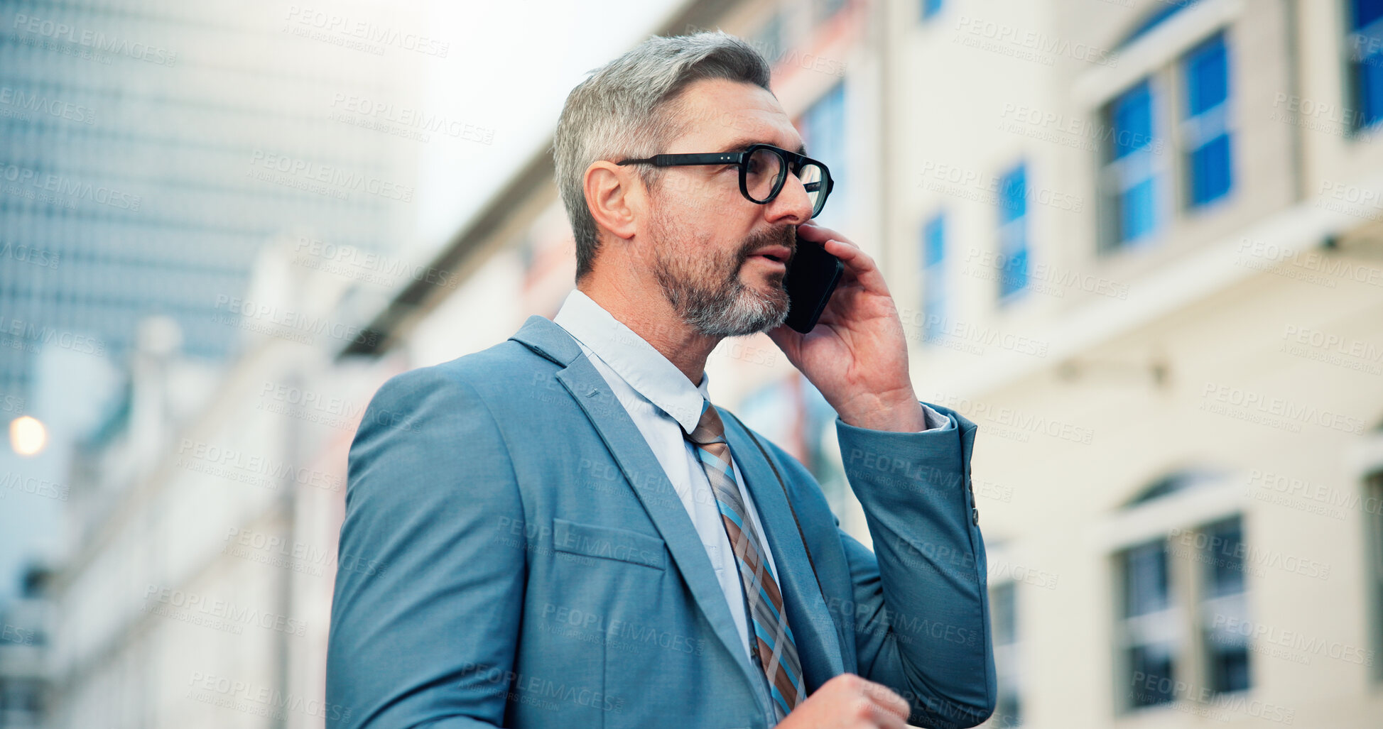 Buy stock photo Businessman, phone call and property developer in city, landholding or sale negotiation outdoor. Mature person, urban development or real estate investment with communication and mobile conversation