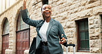 City, gesture and taxi with business black woman outdoor for commute, ride share or travel. Building, sidewalk and stop with corporate employee hailing cab downtown for transportation to work