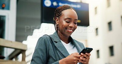 Buy stock photo Business travel, happy and black woman on phone in city for communication, transport schedule or app. Female person, technology and smile for online text, directions or location check in outdoor