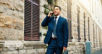 Phone call, lawyer and businessman with walk, communication and commute for legal deal. Travel, feedback and professional attorney with conversation for law case, discussion and trip in urban city