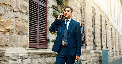 Buy stock photo Phone call, lawyer and businessman with walk, communication and commute for legal deal. Travel, feedback and professional attorney with conversation for law case, discussion and trip in urban city