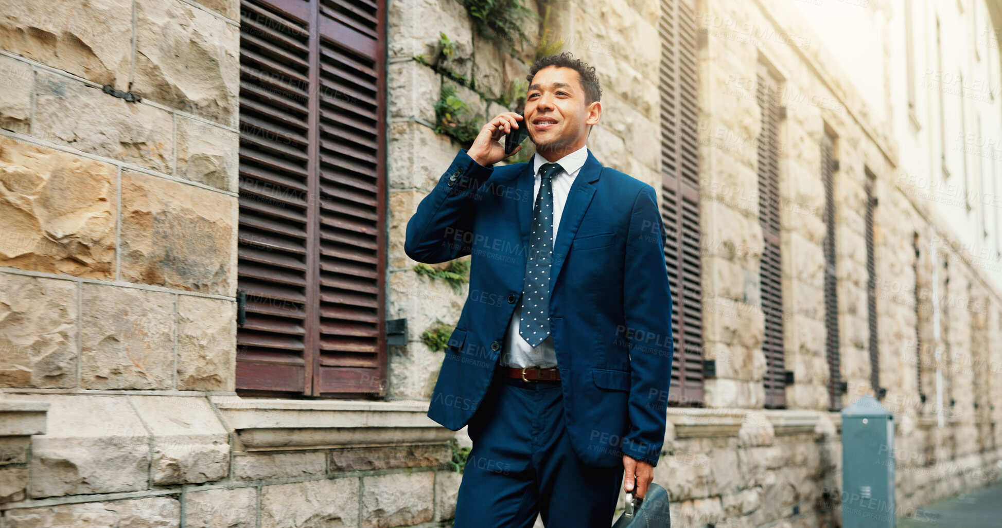 Buy stock photo Phone call, lawyer and businessman with walk, communication and commute for legal deal. Travel, feedback and professional attorney with conversation for law case, discussion and trip in urban city