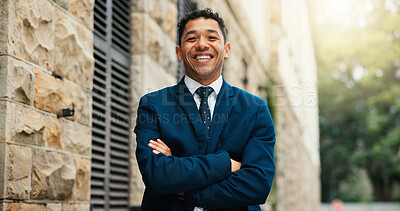 Buy stock photo Portrait, happy businessman and arms crossed in city as real estate lawyer, about us and bokeh. Professional, smile and confident legal advisor, property attorney and consultant outdoor in Spain