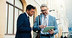 Lawyers, men and tablet in city with discussion for court preparation, litigation or judicial policy online. Review case notes, team or people outdoor with tech, meeting or ready for legal hearing