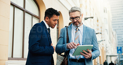 Buy stock photo Lawyers, men and tablet in city with discussion for court preparation, litigation or judicial policy online. Review case notes, team or people outdoor with tech, meeting or ready for legal hearing
