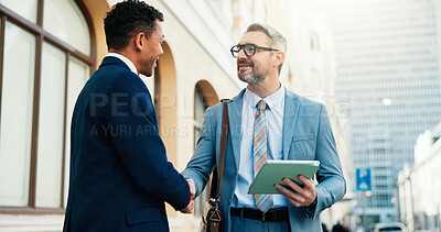 Buy stock photo Business, people or tablet with handshake in city for welcome, client representation or case support. Tech, happy man and defense attorney with shaking hands outdoor for trial hearing and agreement