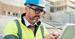 Roof, solar energy and tablet with engineer man in city for installation of panels. App, building and infrastructure with mature construction worker outdoor photovoltaic or power source maintenance